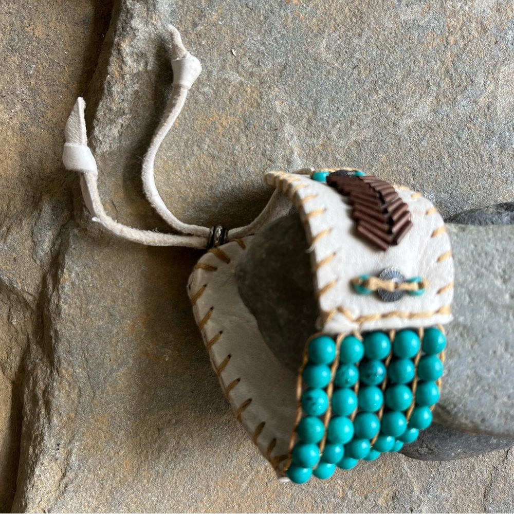 Turquoise beaded boho  leather cuff bracelet